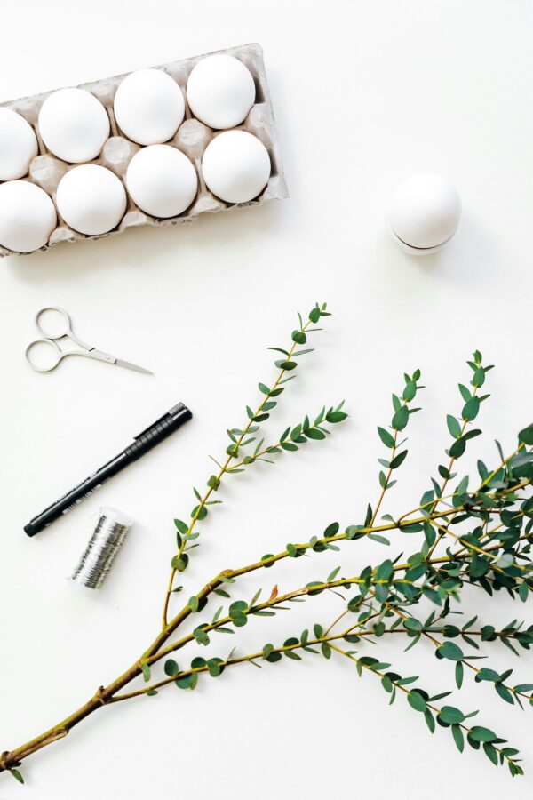 Flat lay of eggs, greenery, and tools for creative Easter decorations. Perfect for DIY enthusiasts.